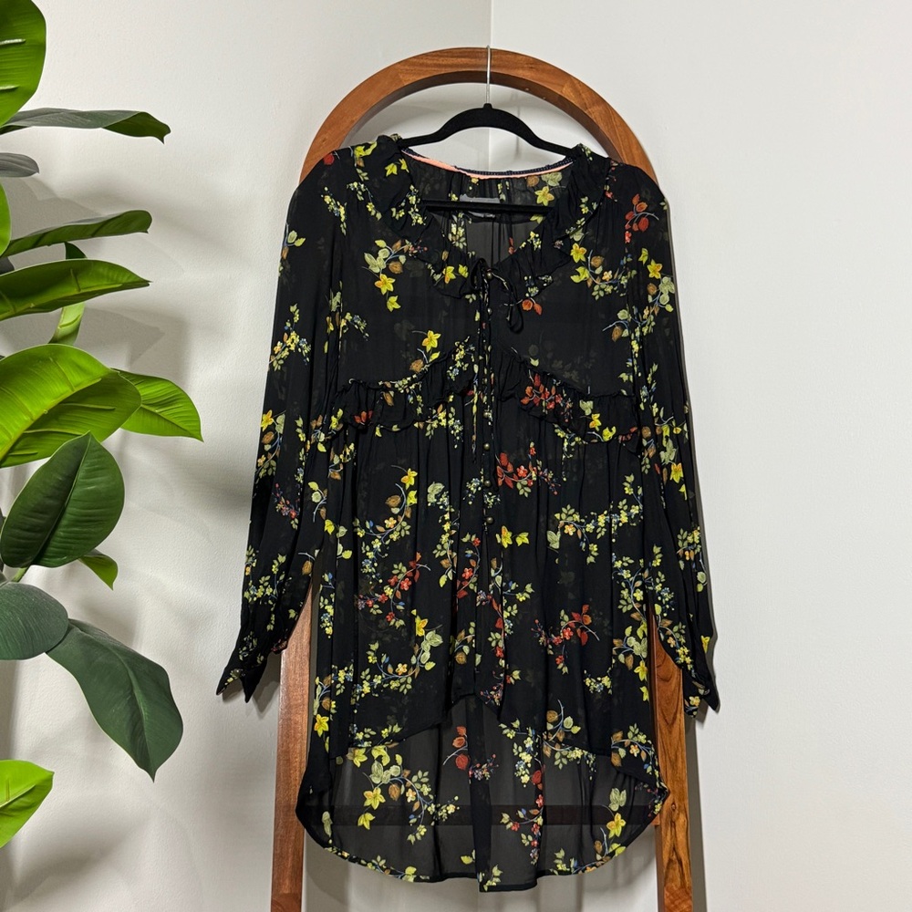Anthropologie XS Black Floral Jamison Long Sleeve Ruffled Tunic Top